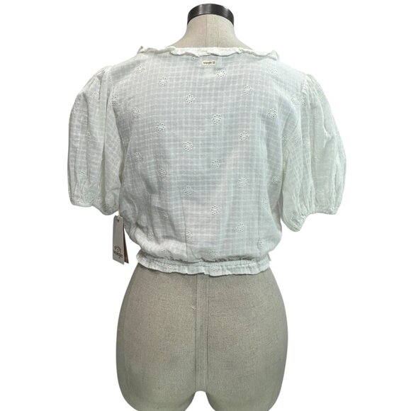 BILLABONG WRANGLER Simply Sweet Crop Top L White Eyelet VNeck Puff Sleeve Ruffle - Picture 4 of 9